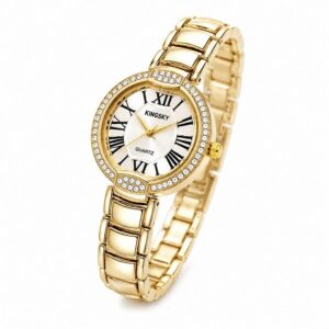 Elegant Kingsky Women's Gold Bracelet Watch with Rhinestone Bezel