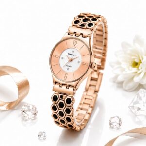 Kingsky Ladies Rose Gold Analog Watch with Unique Hexagon Strap