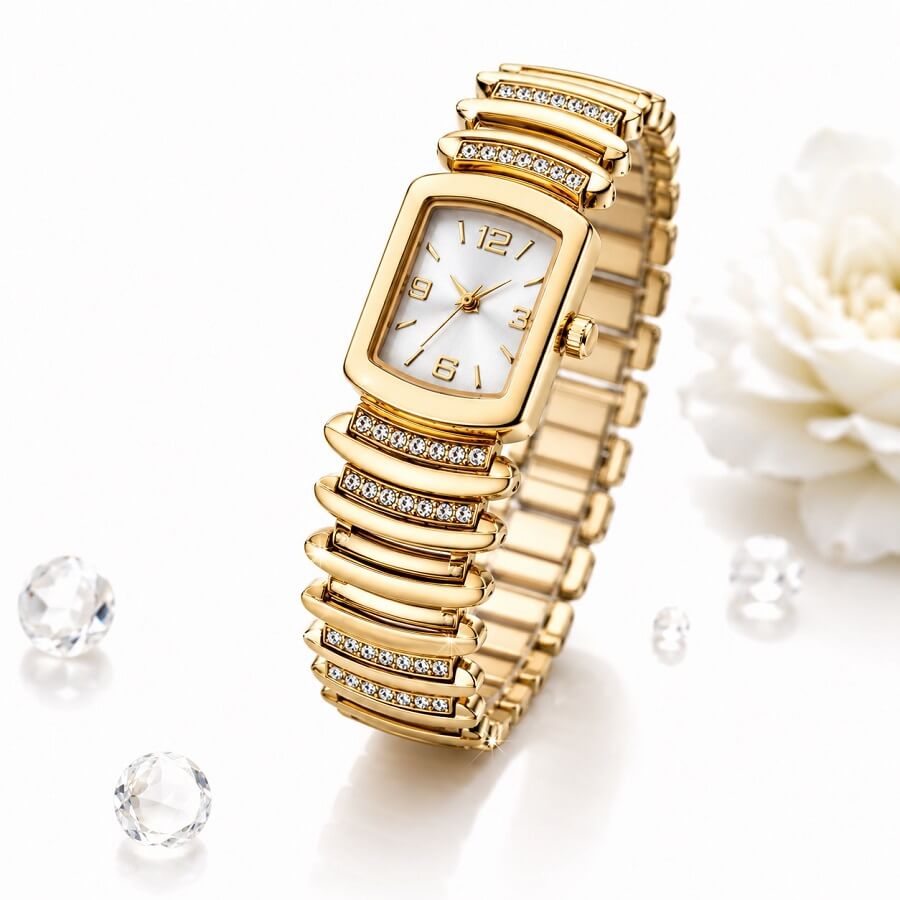 93B (1) Kingsky Elegant Crystal Studded Ladies Watch – Gold Stainless Steel Bracelet