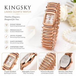 Kingsky Elegant Crystal Studded Ladies Watch – Gold Stainless Steel Bracelet
