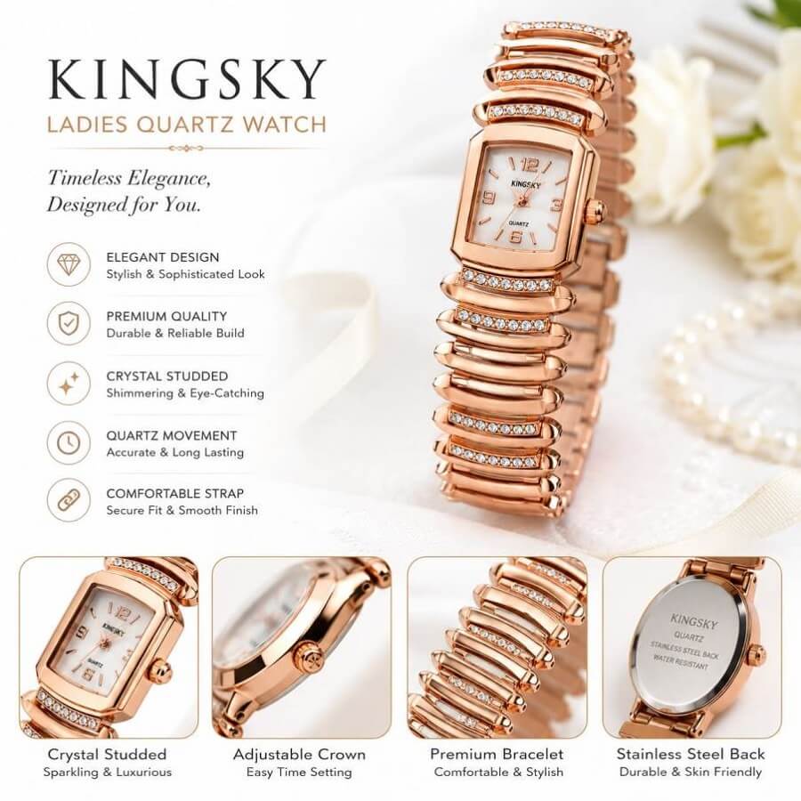 93D (1) Kingsky Elegant Crystal Studded Ladies Watch – Gold Stainless Steel Bracelet