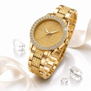 Kingsky Elegant Crystal Studded Ladies Watch – Gold Stainless Steel Bracelet