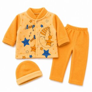 Orange Fleece Baby Tracksuit Set with Cap for 1–3 Months Soft Winter Wear