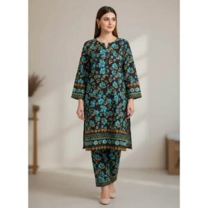 Women's Black Printed Polo Cotton Unstitched Suit