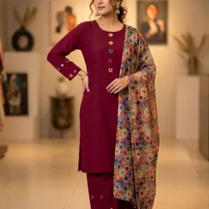 Elegant Maroon Dobby Lawn Sheesha Work Dress with Chiffon Dupatta