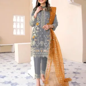 Premium Grey Organza Embroidered 3 Piece Stitched Suit for Women