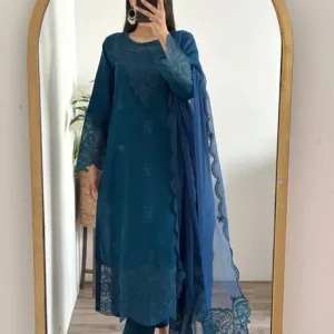 Mystic Glaze Teal Blue Embroidered Lawn Cotton Dress 3 Pcs Suit