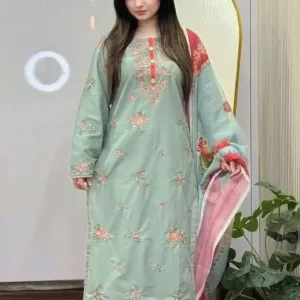 Women's Green Cotton Lawn Embroidered Dress with Ban Collar and Printed Dupatta