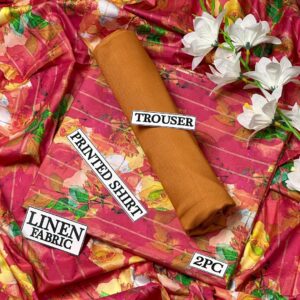 Women Linen Digital Print Suit Red Brown 2Pc