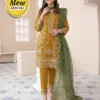 3 Pcs Women's Mustard Organza Embroidered Suit with Embroidered Dupatta