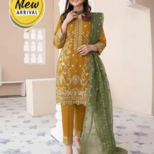 3 Pcs Women's Mustard Organza Embroidered Suit with Embroidered Dupatta