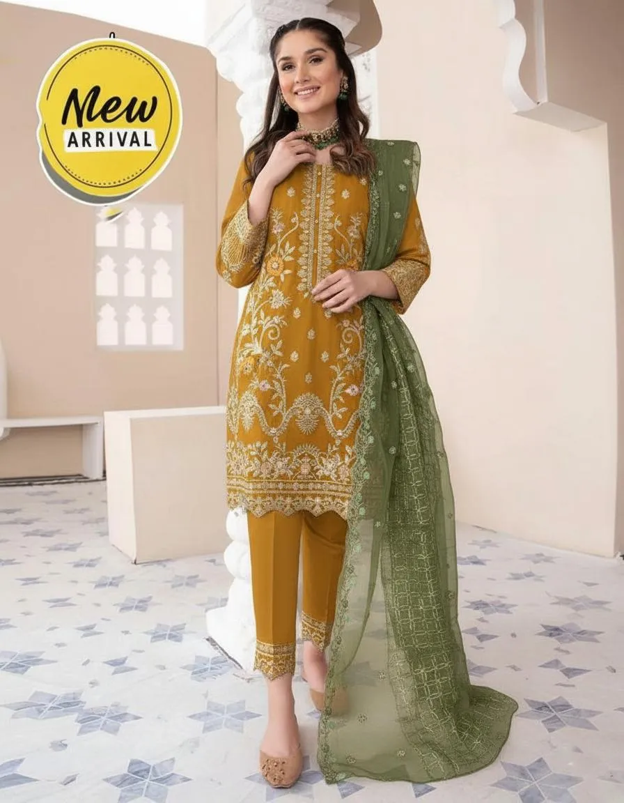 MZ95300000109MACT-media-1 3 Pcs Women's Mustard Organza Embroidered Suit with Embroidered Dupatta