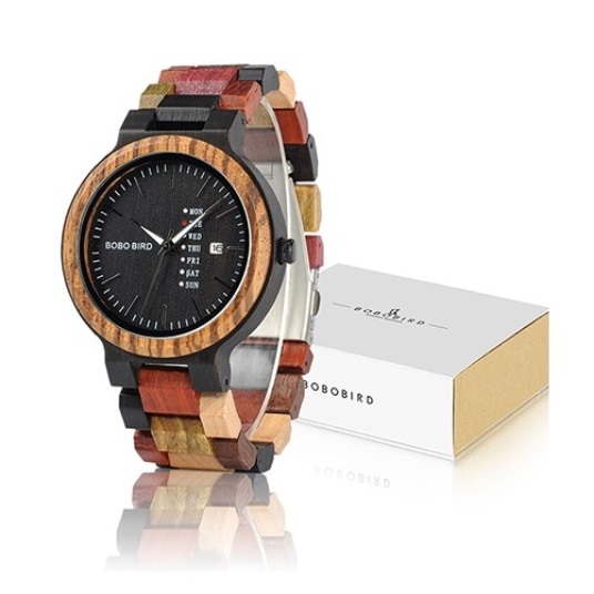 P14-1Men1 Handcrafted Colorful Wood Watch by BOBO BIRD Week and Date Features