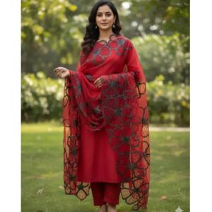 Women's Red Soft Organza Brush Paint Handmade Cut Work Dupatta – Premium Elegant Dupatta Collection