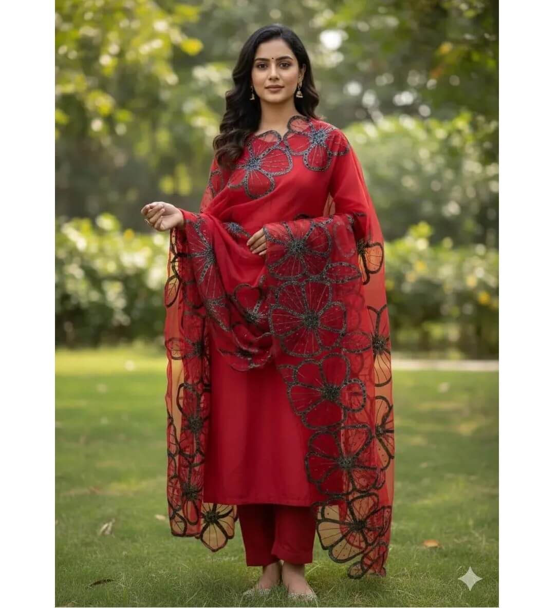 Red Soft Organza Handmade Cut Work Dupatta for Women Women's Red Soft Organza Brush Paint Handmade Cut Work Dupatta – Premium Elegant Dupatta Collection