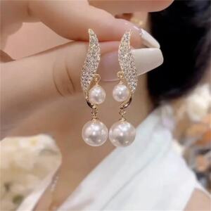 Women’s Double Pearl Crystal Earrings Long Tassel Dangle Wedding Jewelry
