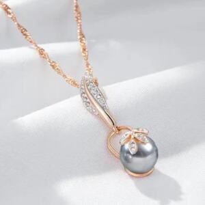 Women's Grey Pearl Zircon Pendant Necklace Luxury Rose Gold Jewelry