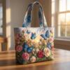 Women’s Butterfly Quilted Shoulder Tote – 3D Printed Cotton Canvas Vintage Handbag