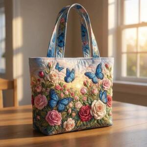 Women’s Butterfly Quilted Shoulder Tote – 3D Printed Cotton Canvas Vintage Handbag