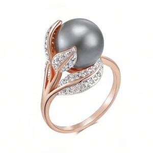 Women’s Big Grey Pearl Ring Luxury Zircon Rose Gold Color Bridal Jewelry