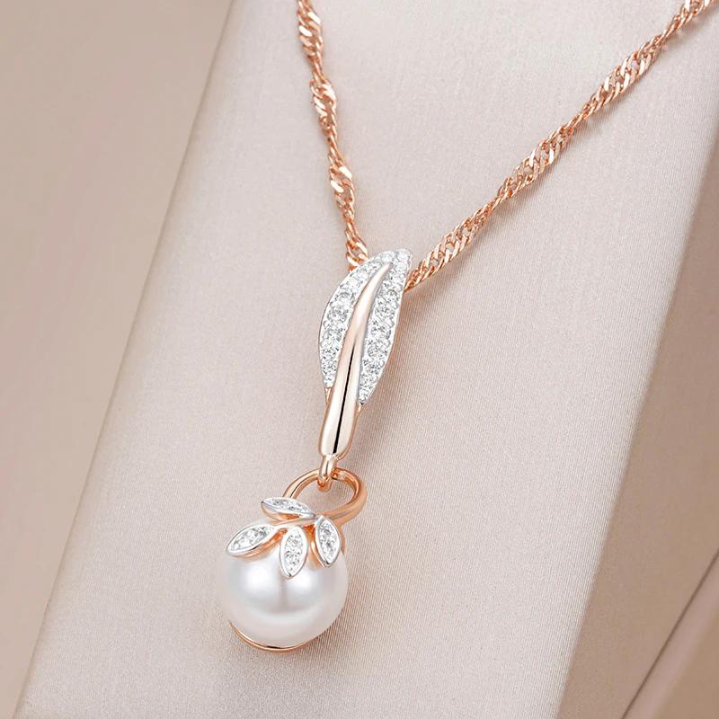 Kinel Flower Pearl Necklace Crystal Pendant 585 Rose Gold and Silver Color Boho Jewelry Kinel Flower Pearl Necklace Crystal Pendant 585 Rose Gold and Silver Color Boho Jewelry