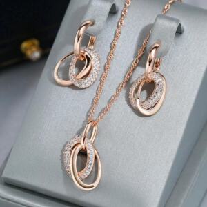 Women’s Double Hoop Drop Earrings Sparkling Zircon 585 Rose Gold Color Jewelry