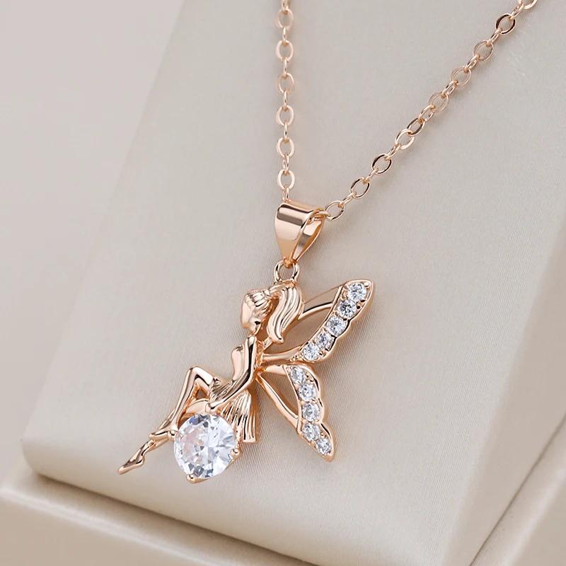 Kinel Shiny Angel Pendant Necklace Women’s 585 Rose Gold Color Zircon Jewelry Kinel Shiny Angel Pendant Necklace Women’s 585 Rose Gold Color Zircon Jewelry