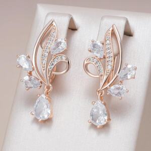 Women’s Shiny Zircon Flower Earrings Long Rose Gold Drop Wedding Jewelry