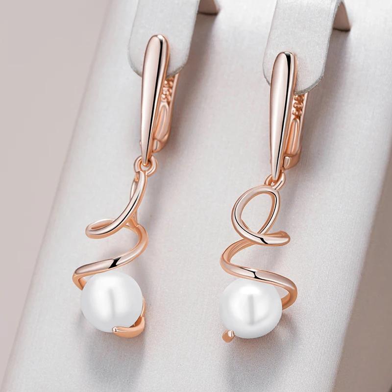 Kinel Elegant Pearl Drop Earrings Geometric Hollow 585 Rose Gold Color Jewelry Kinel Elegant Pearl Drop Earrings Geometric Hollow 585 Rose Gold Color Jewelry