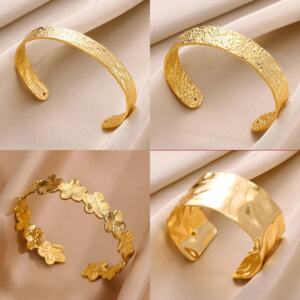Women’s Vintage Gold Chunky Flower Bangle Luxury Wide Cuff Jewelry