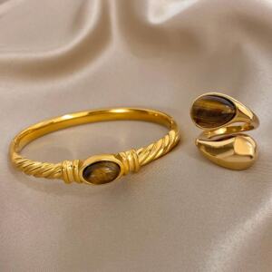 Vintage Brown Stone Stainless Steel Bracelet and Ring – Ethnic Jewelry Set