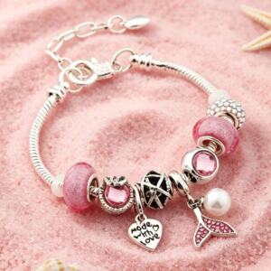 Pink Mermaid Charm Bracelet Crystal Heart Flower Beaded Adjustable Jewelry
