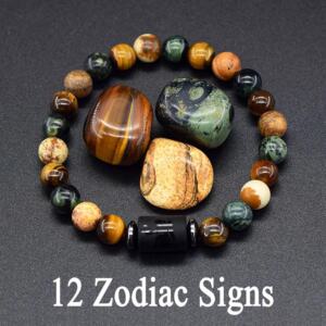 12 Zodiac Signs Tiger Eye Bead Bracelet Astrology Charm Jewelry for Men and Women