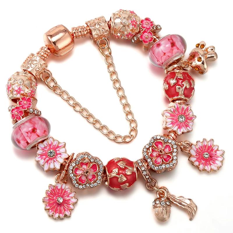 Pink Daisy Charm Bracelet for Women – Snake Chain DIY Beaded Fashion Jewelry Pink Daisy Charm Bracelet for Women – Snake Chain DIY Beaded Fashion Jewelry