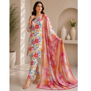 Women's Digital Print Swiss Lawn Suit 3 Pcs Floral Chiffon Dupatta