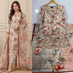 Women's Orange Lawn 3PC Dress – Embroidered Shirt with Printed Trouser and Dupatta