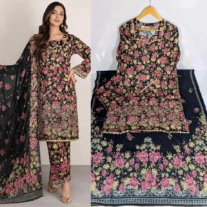 Elegant Black Embroidered Lawn Suit – 3 Piece Pakistani Summer Dress