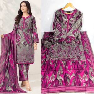 Women's Grey Pink Lawn 3PC Dress – Embroidered Shirt with Printed Trouser and Dupatta