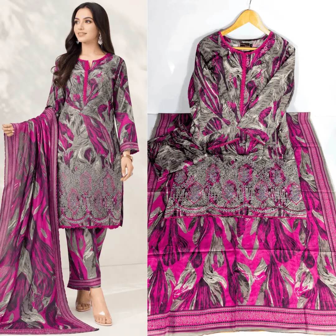 Women's Grey Pink Lawn 3PC Dress – Embroidered Shirt with Printed Trouser and Dupatta Women's Grey Pink Lawn 3PC Dress – Embroidered Shirt with Printed Trouser and Dupatta