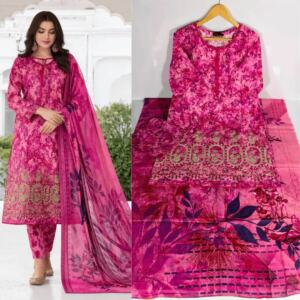 Women's Rose Pink Embroidered Lawn Collection – 3 Piece Casual and Festive Dress