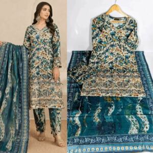 Green Lawn Embroidered Gown Suit – Women's 3 Piece Printed Trouser & Dupatta