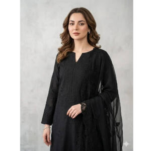 Black Chikankari Embroidered Cotton Lawn 3 Piece Suit for Women