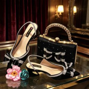 Women's Black Satin Slingback Heels and Matching Clutch – Rhinestone Bow Evening Set