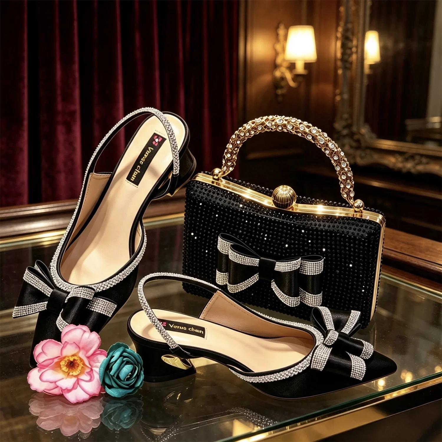 Women's Black Satin Slingback Heels and Matching Clutch – Rhinestone Bow Evening Set Women's Black Satin Slingback Heels and Matching Clutch – Rhinestone Bow Evening Set