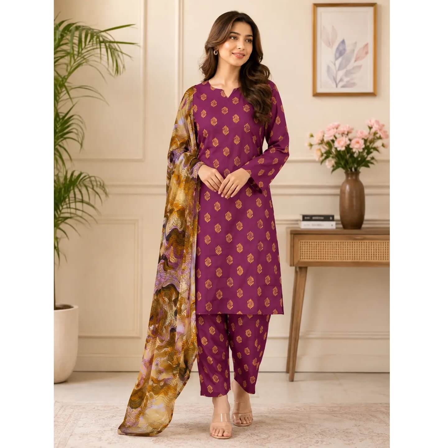 Women's Printed Linen 3 Pcs Suit Multicolor Shirt Trouser with Katan Silk Dupatta Women's Printed Linen 3 Pcs Suit Multicolor Shirt Trouser with Katan Silk Dupatta