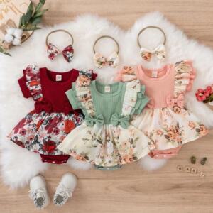Newborn Baby Girl Bowknot Striped Jumpsuit Cute Floral Cotton Romper
