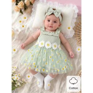 Newborn Baby Girls Daisy Mesh Dress with Bow Headband Cute Summer Party Outfit