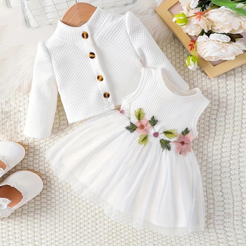 Toddler Girl Long Sleeve Cardigan and Floral Tulle Dress 2 Piece Outfit Toddler Girl Long Sleeve Cardigan and Floral Tulle Dress 2 Piece Outfit