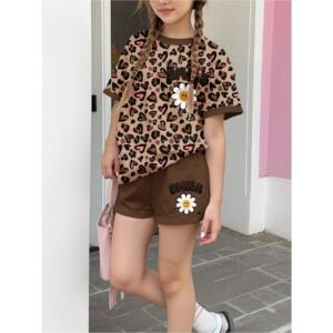 Girls Leopard Print Summer T-Shirt and Shorts Set