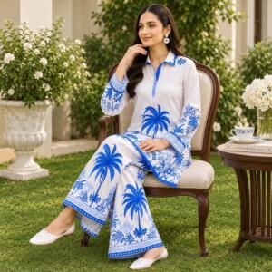Maya Ali Luxury Digital Printed Lawn 2 Piece Unstitched Suit Blue and White AirJet Collection